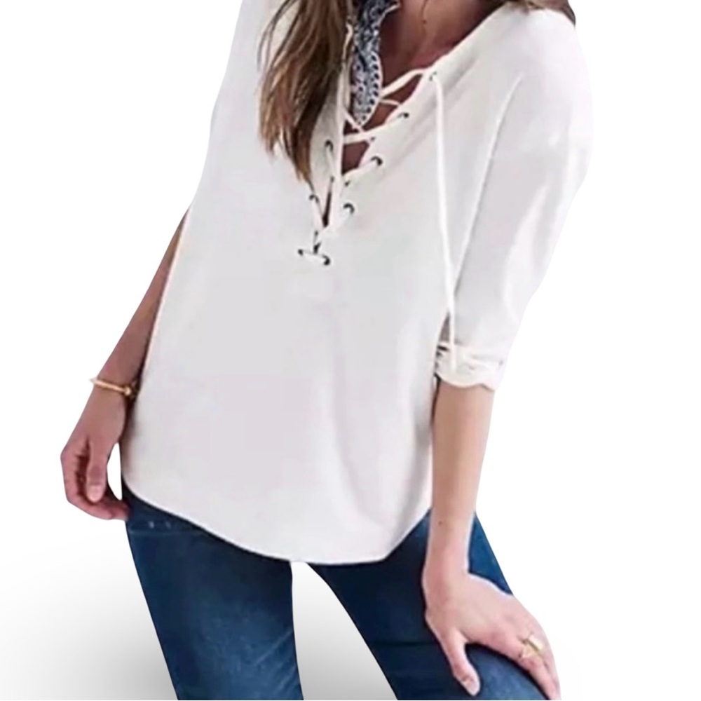 3/$30 ❤️ NWT Mine Ivory Off White Lace up boho blouse top tunic 3/4 sleeves Sz L